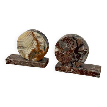 Vintage bookends in agate and marble | Pair of polished stone desk accessories