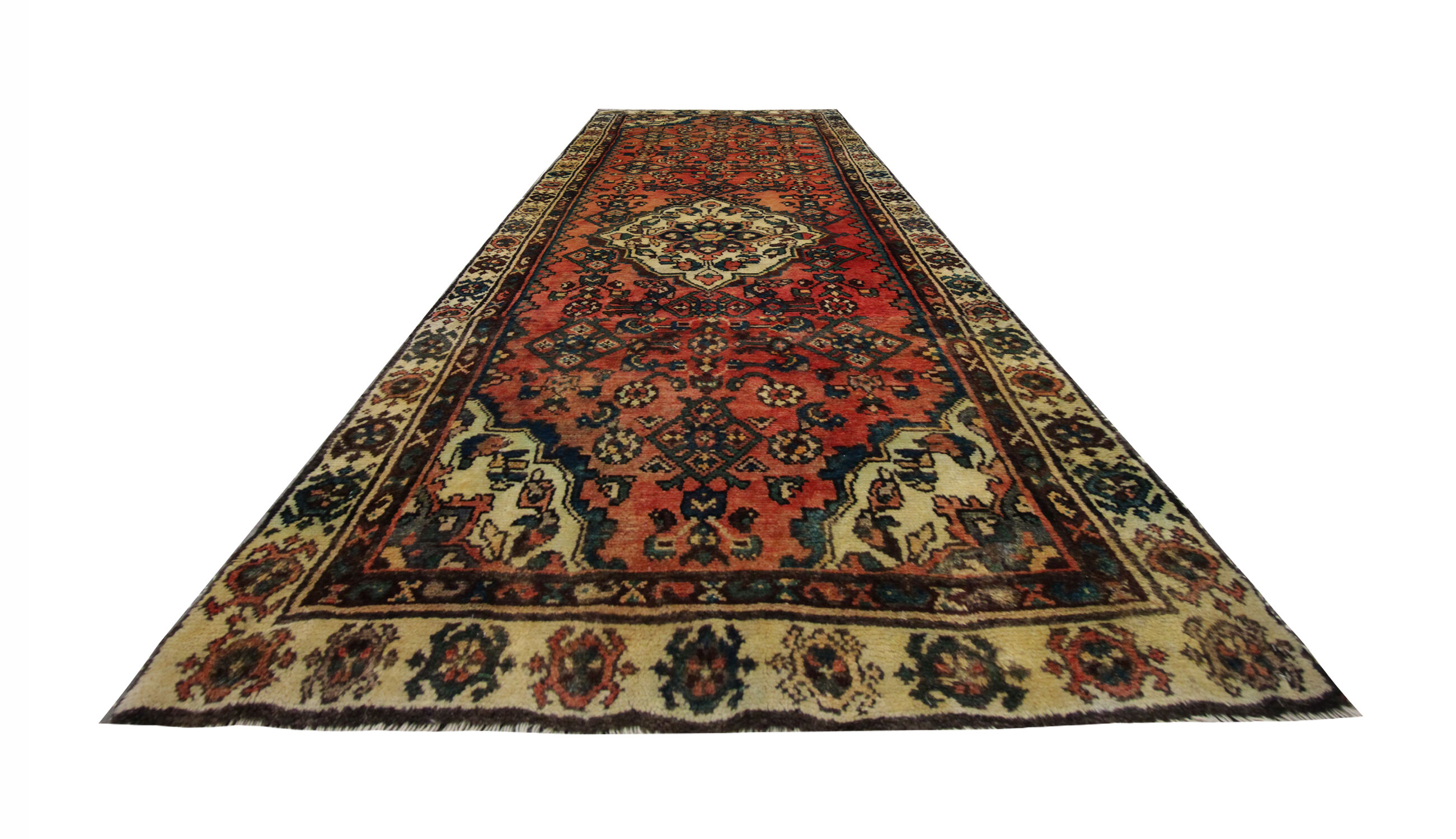 Traditional Rust Wool Area Rug Handmade Oriental Design Carpet- 94x240cm