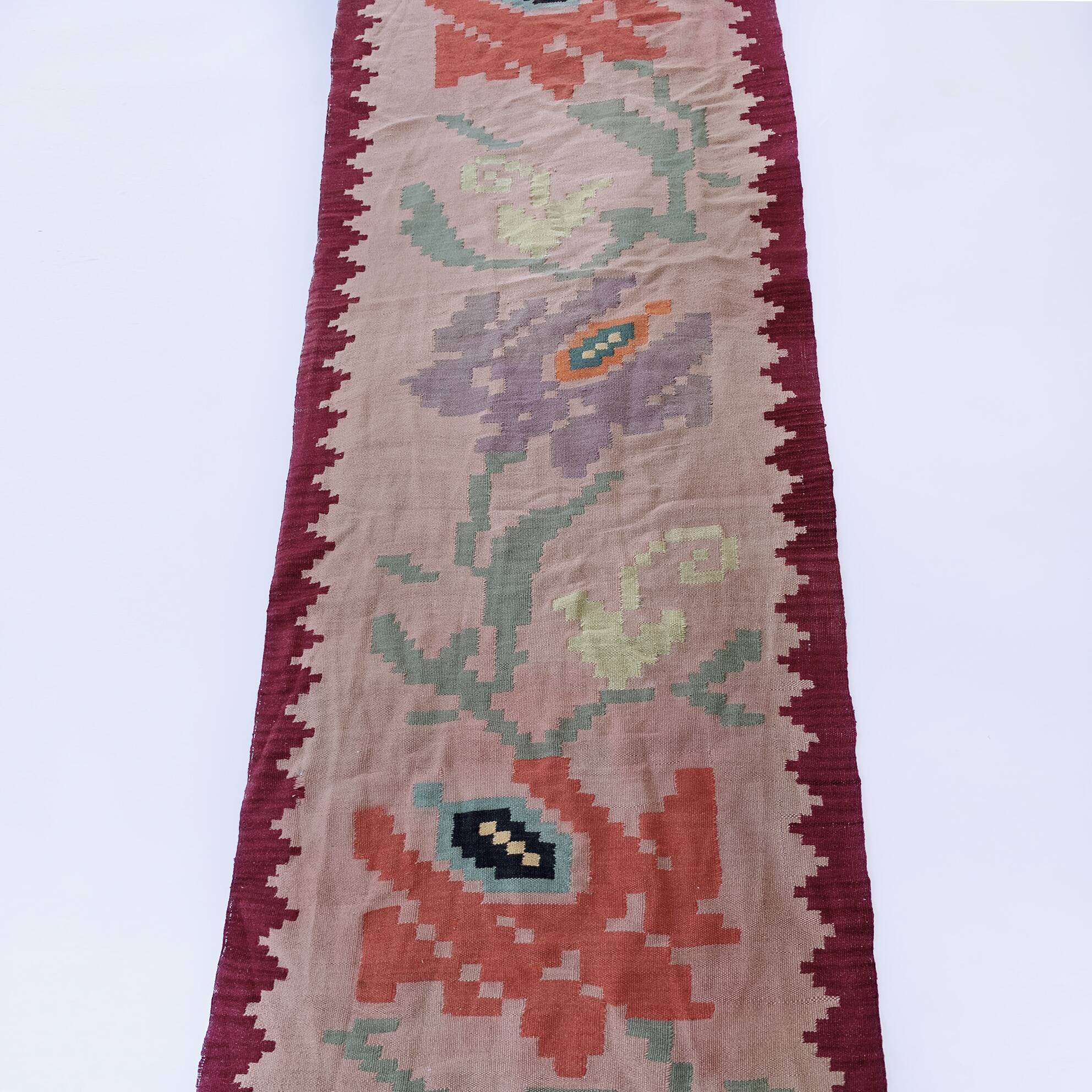 Long Wool Roses Runner Rug 1960s Vintage