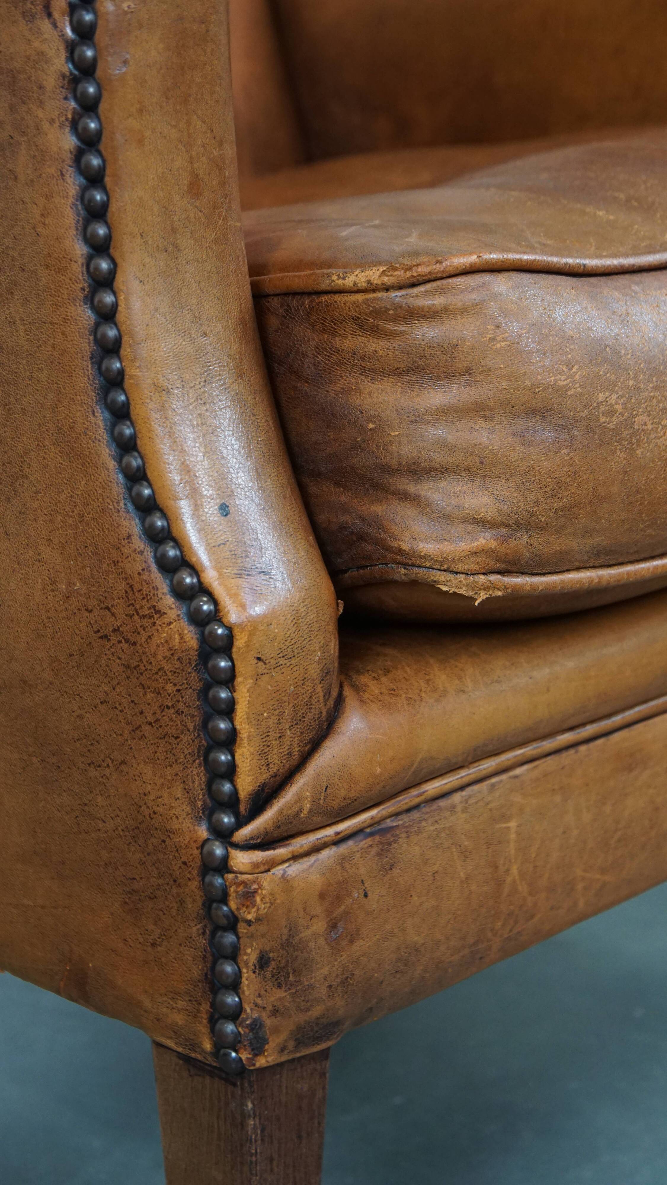 Cognac-Colored Sheepskin Leather Armchair with Straight Lines