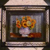 Large art deco serving tray in wrought iron and fixed design under glass