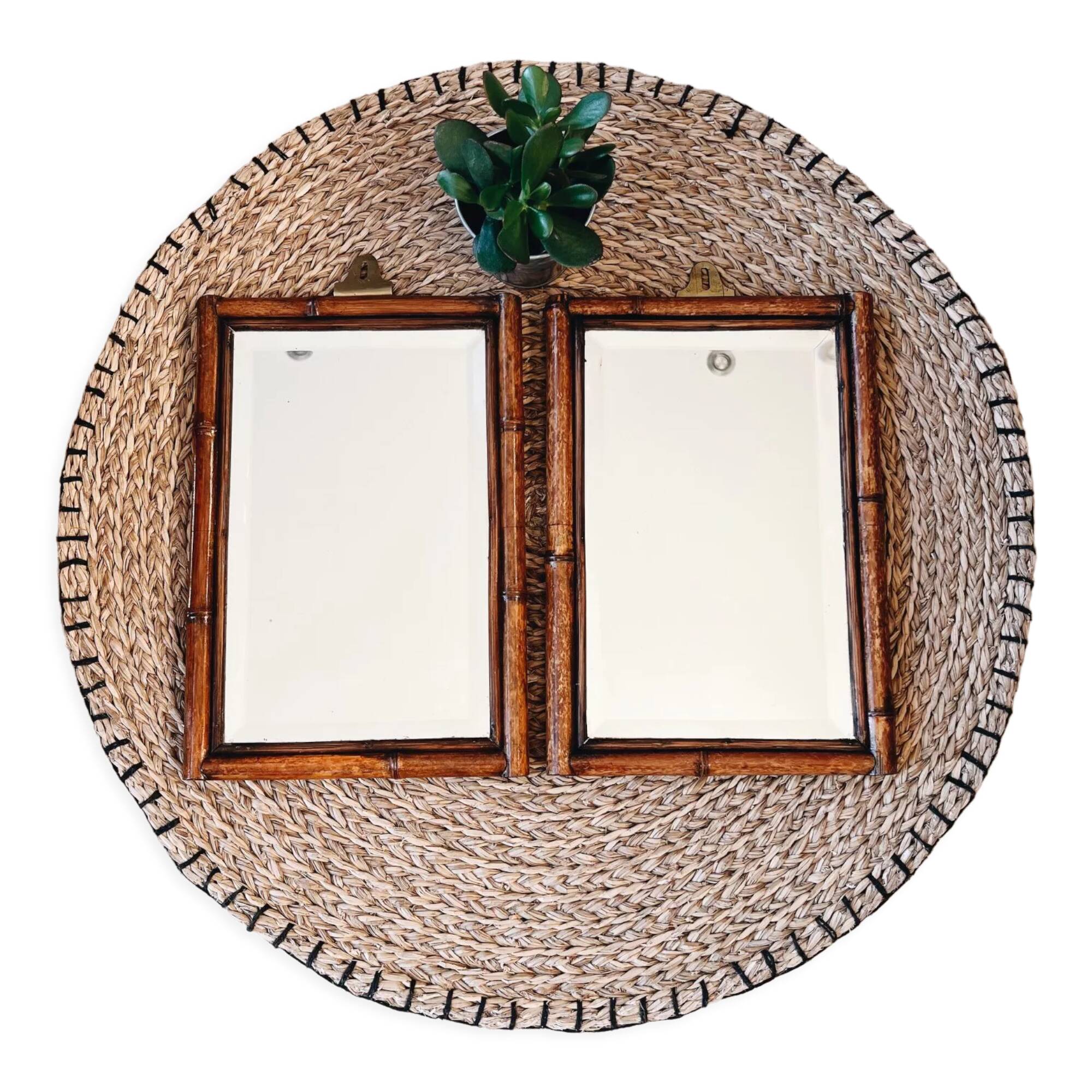 Duo of beveled bamboo mirrors