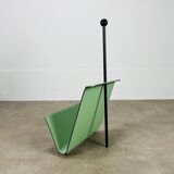 Postmodern magazine rack by Porada Arredi, green leather, 80s memphis