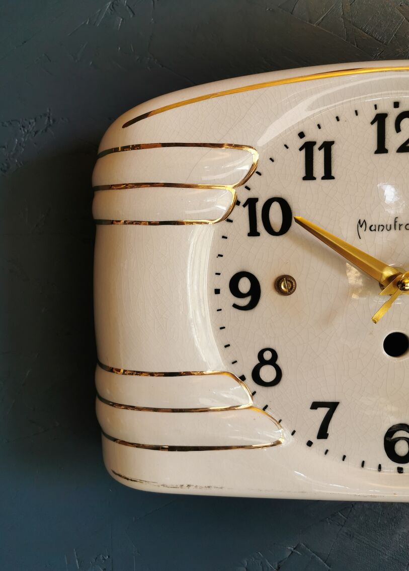Horloge céramique vintage pendule murale silencieuse rectangulaire " Manufrance blanc doré" | Selency