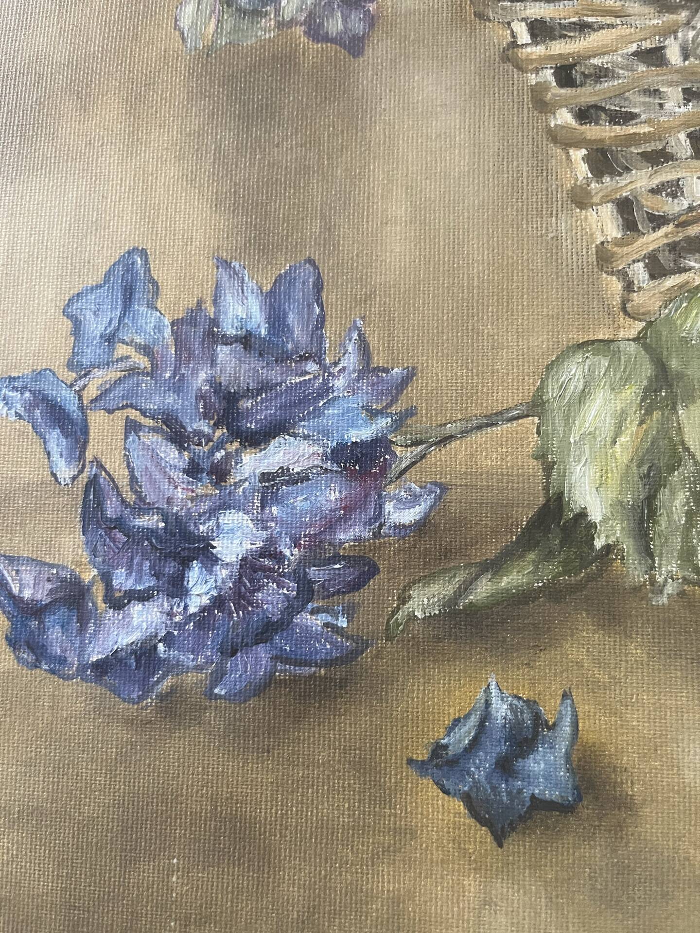 Old oil on canvas bouquet of hydrangeas signed