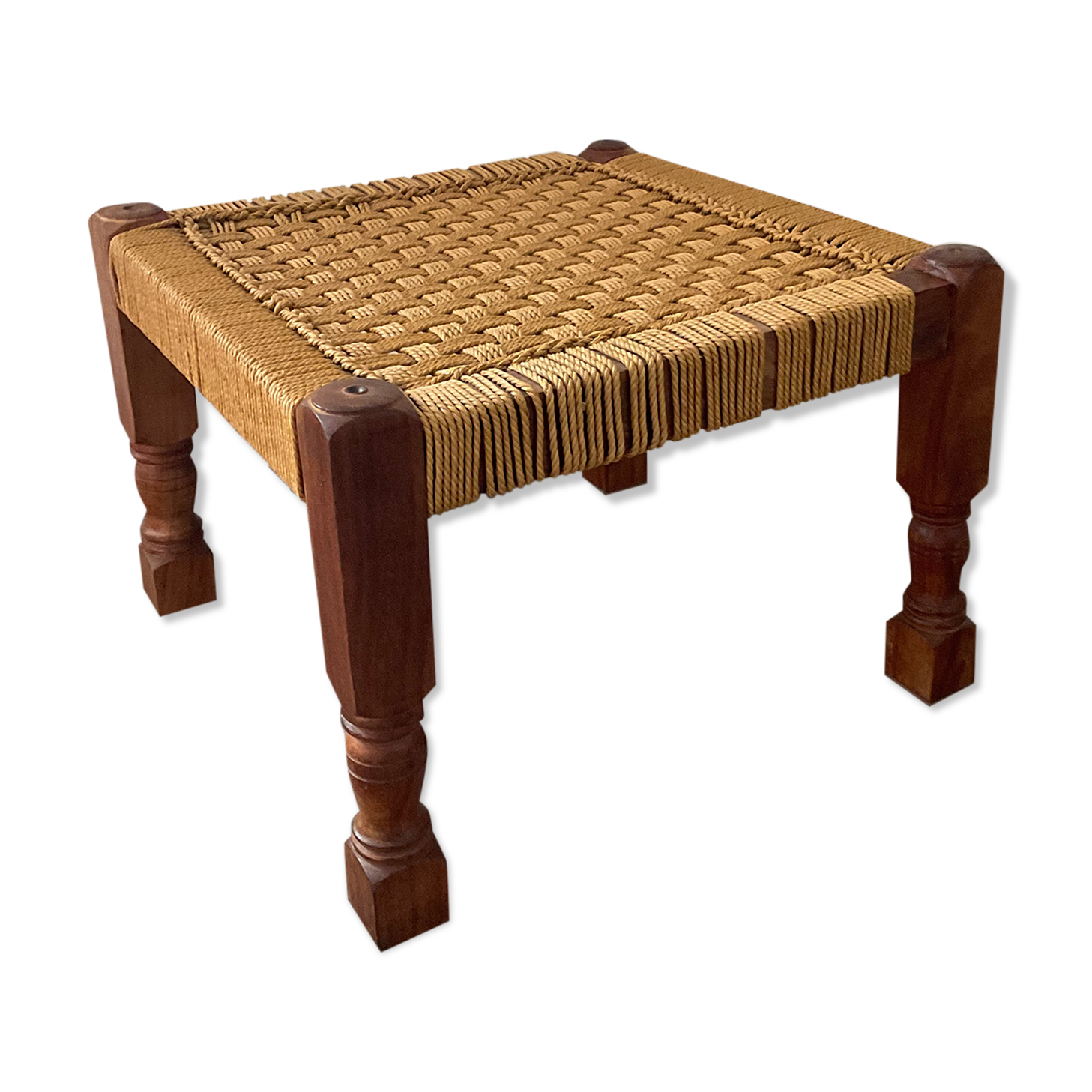 Scandinavian ottoman footrest in wood and rope 70s
