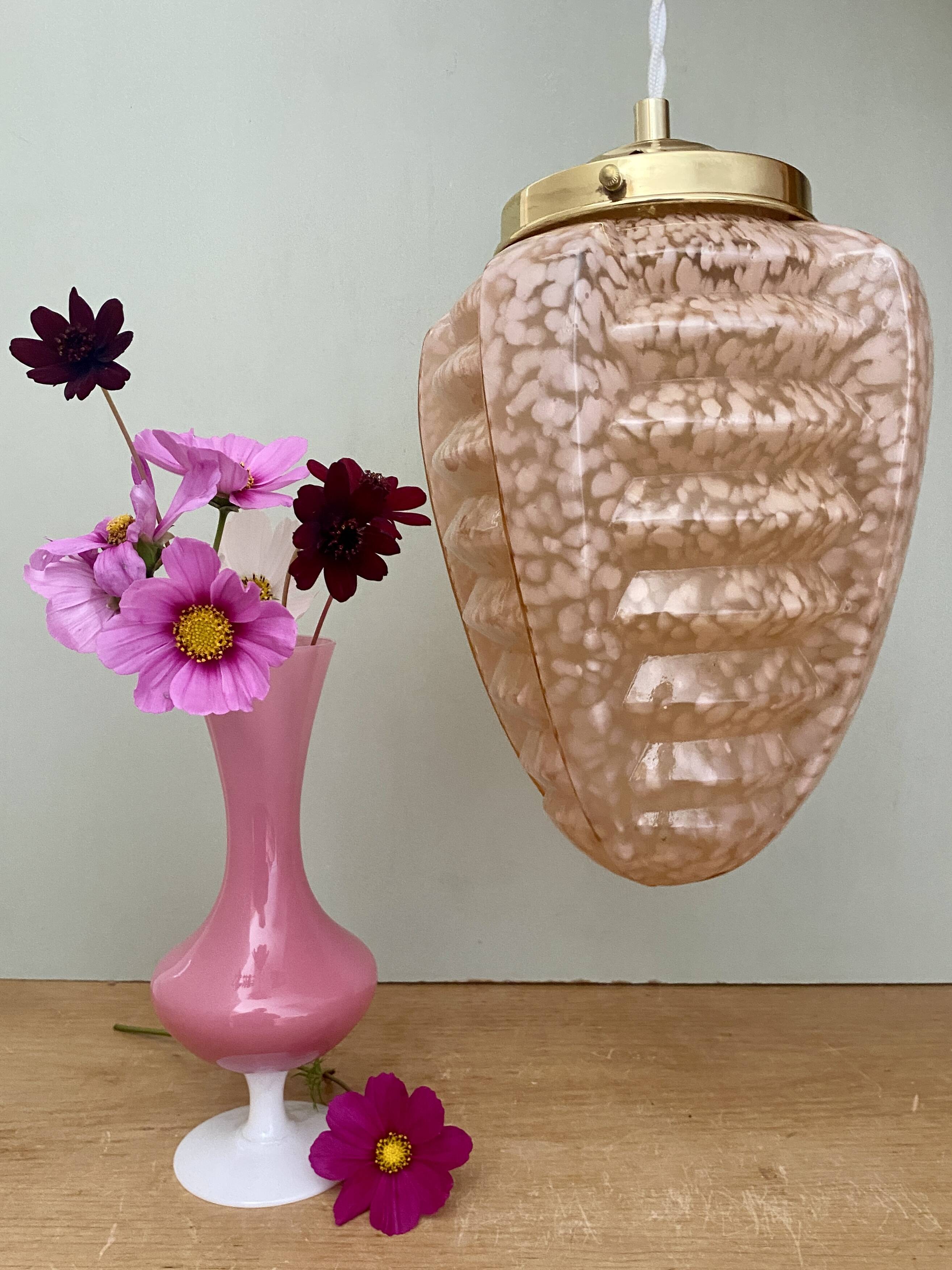 Vintage art deco globe pendant light in pink clichy glass