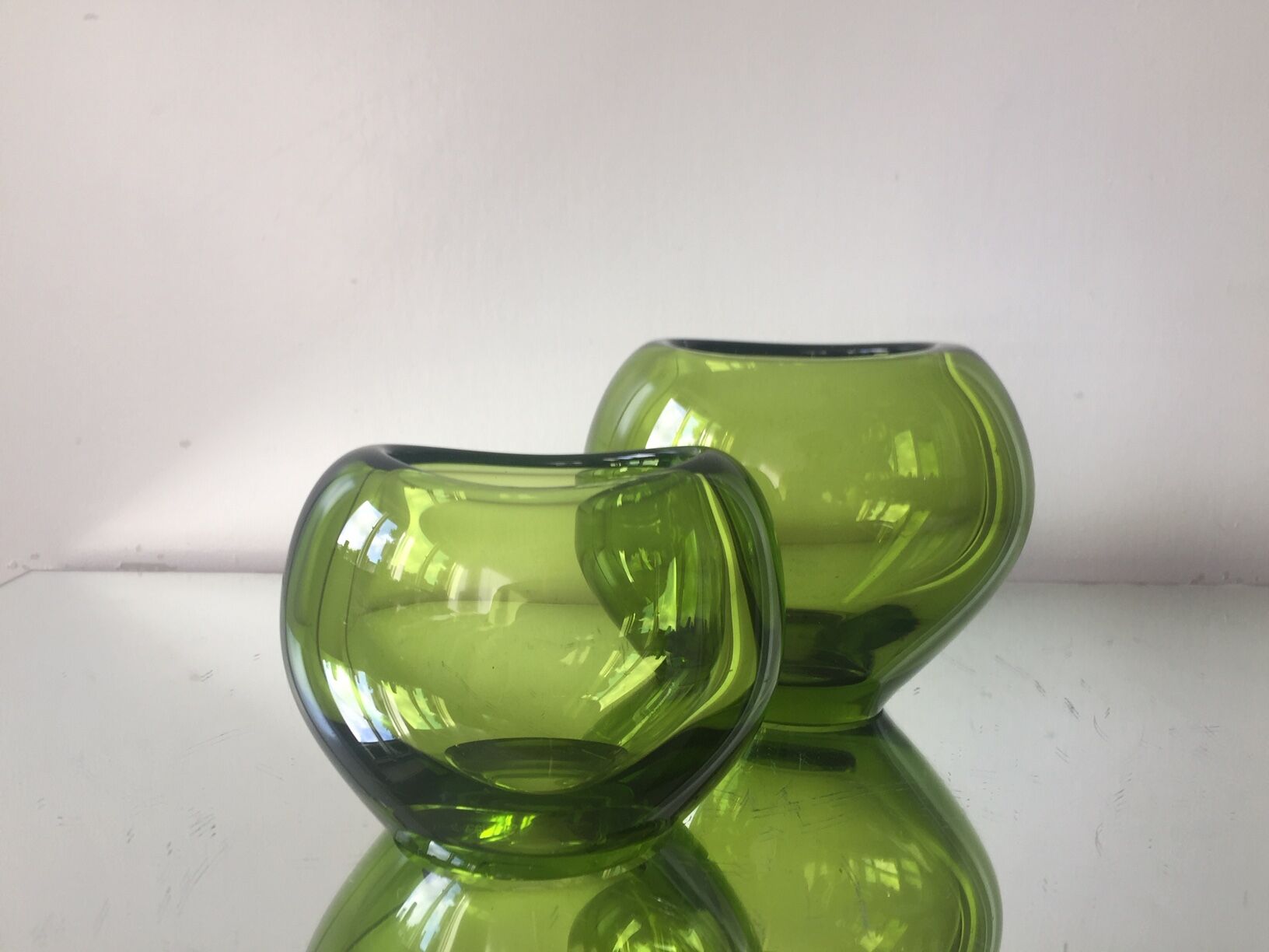 Set of 2 heart shaped Holmegaard crystal vases by Per Lutken