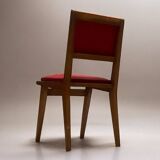 c. 1950 - Set of six “compass leg” chairs in oak and red leatherette -