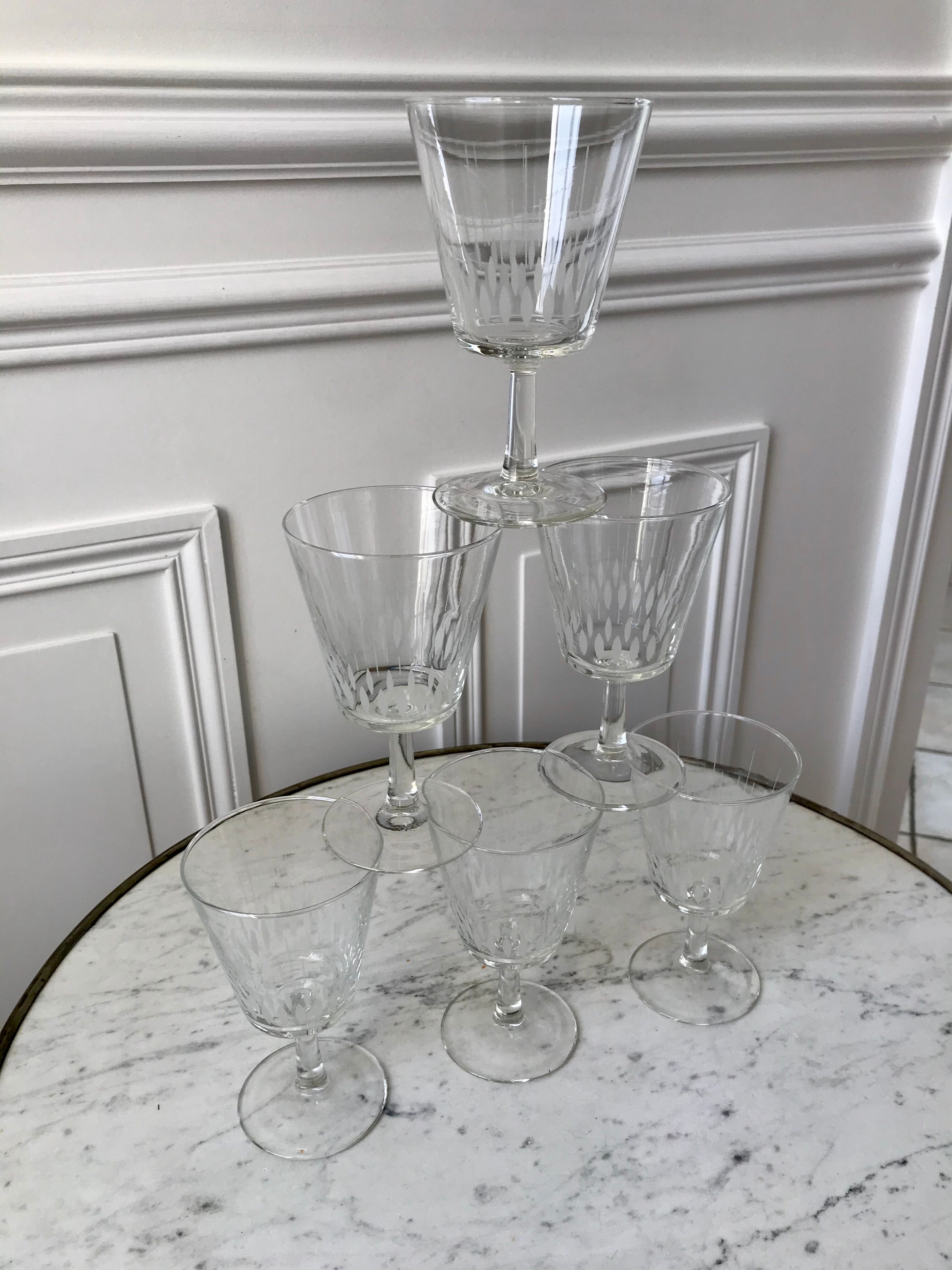 Set of 6 large crystalline glass wine glasses 50-60s