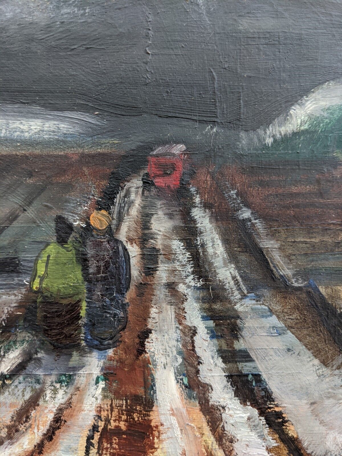 Vintage mid century modern winter landscape framed oil painting - the long road