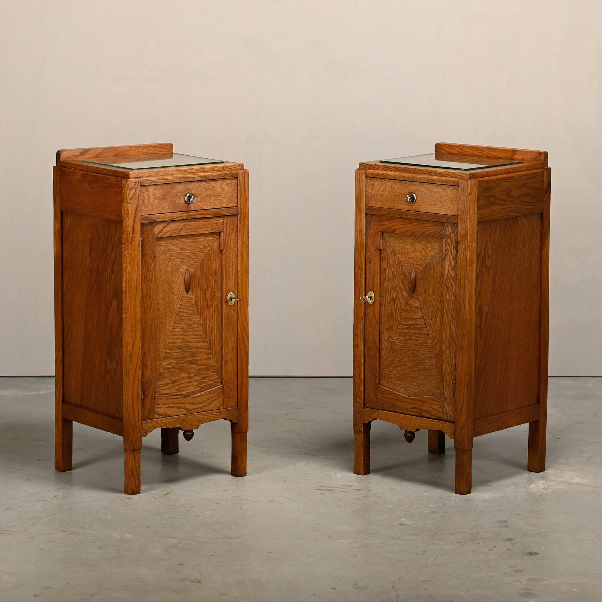 Art Deco Amsterdam School Nightstands oak wood and glass, 1930s Netherlands