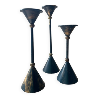 Trio of vintage candlesticks in blue and gold metal