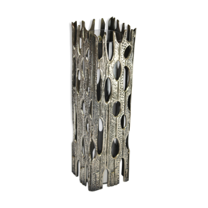 vase sculpture brutalist en métal avec vase en verre à l’intérieur italie 1970