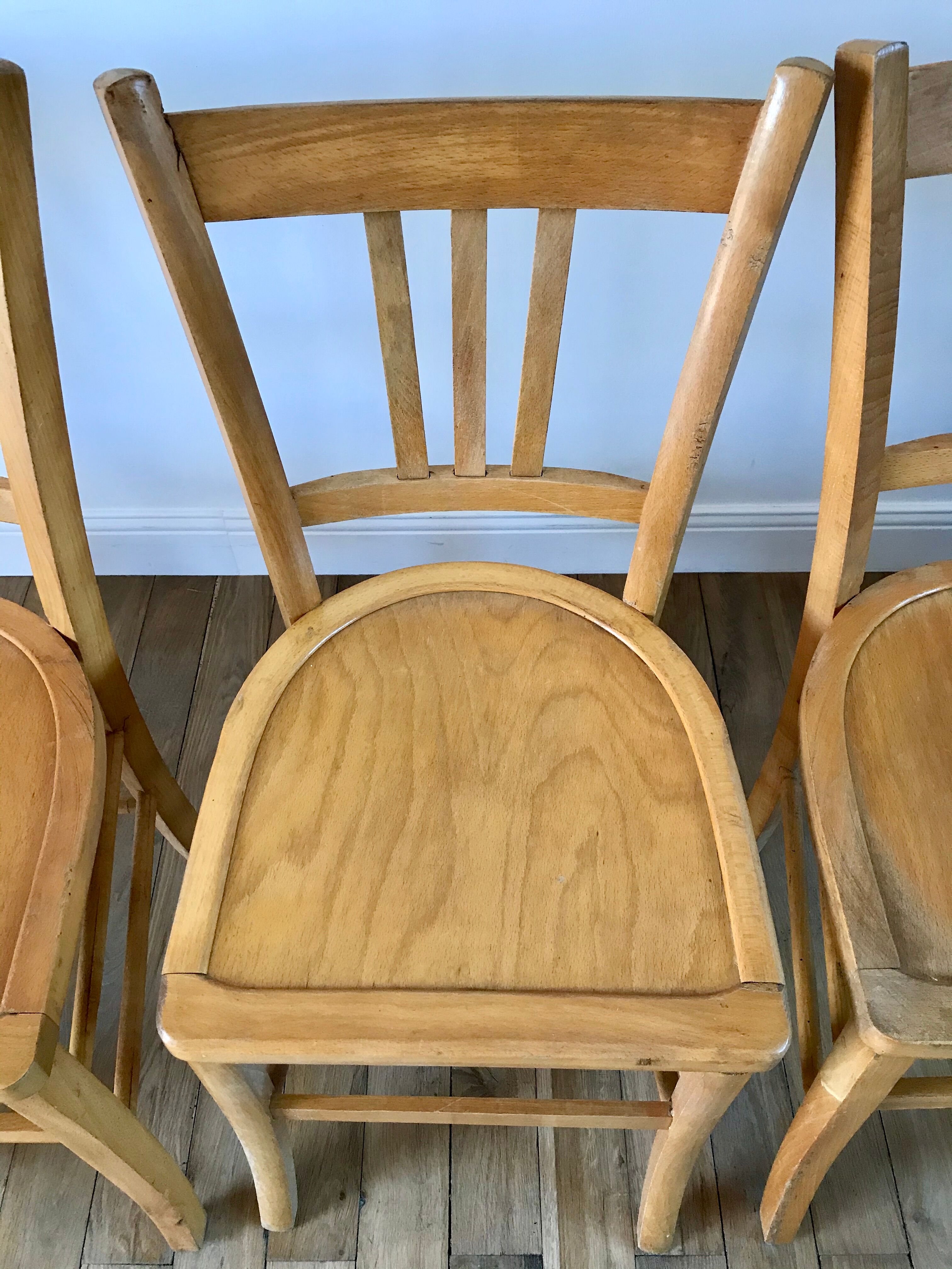 Set of 5 Luterma light blond wood bistro chairs from the 50s