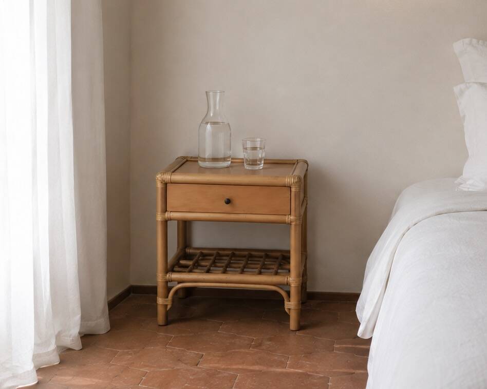 Bamboo and rattan bedside or side table, 1970s.