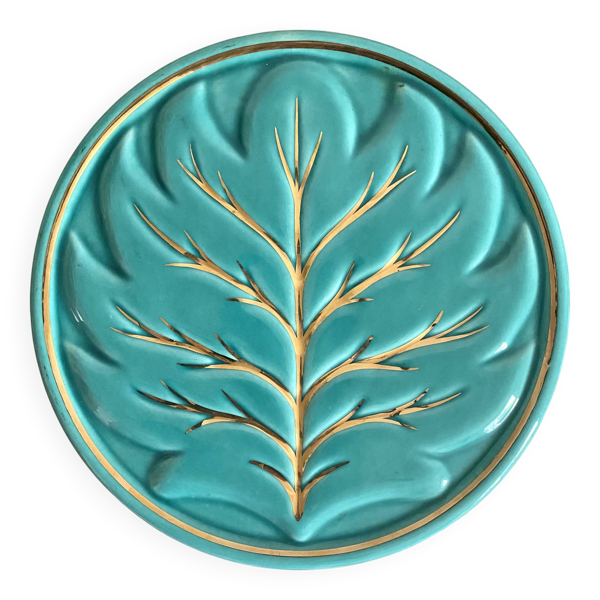 Dessous de plat barbotine feuille turquoise et or