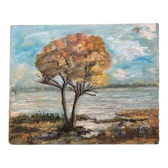 Peinture à l’huile française sur bois des années 1940 "Arbre en automne surplombant le fleuve en France"
