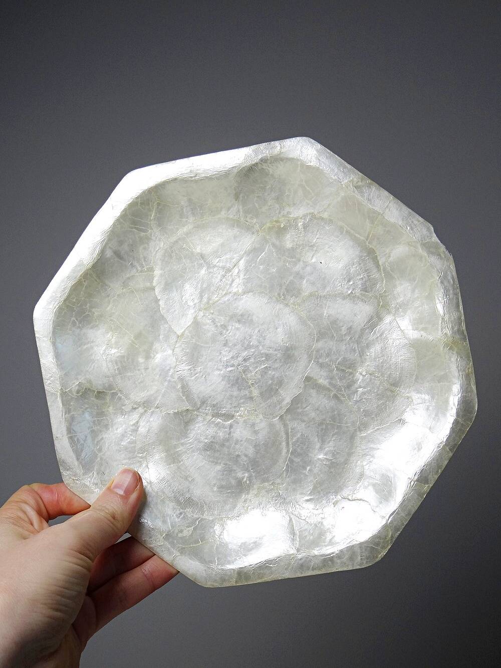 Octagonal capiz shell bowls/trays, vintage Asia from the 1970s-1980s.
