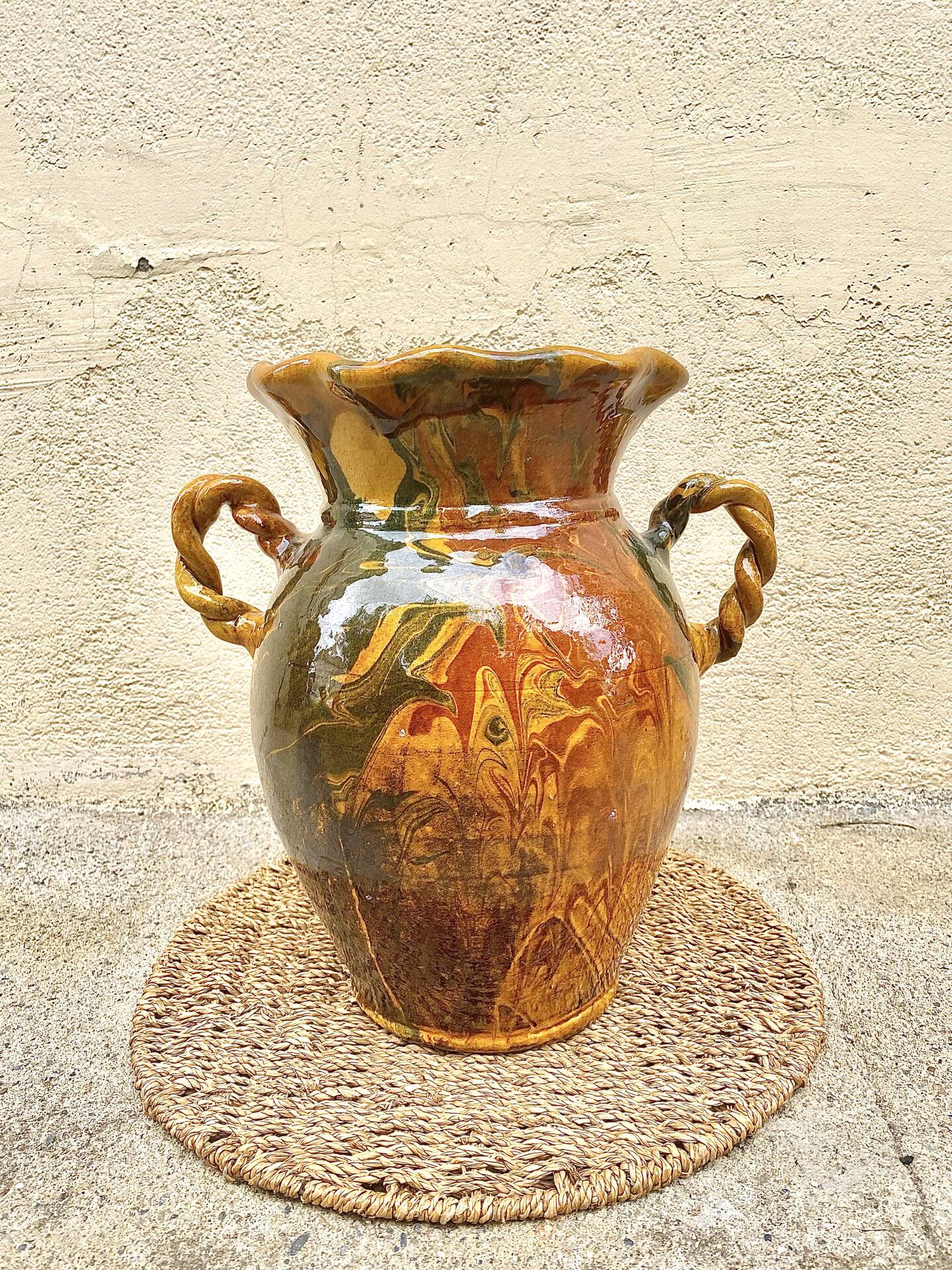 Ancient large vase in glazed speckled terracotta