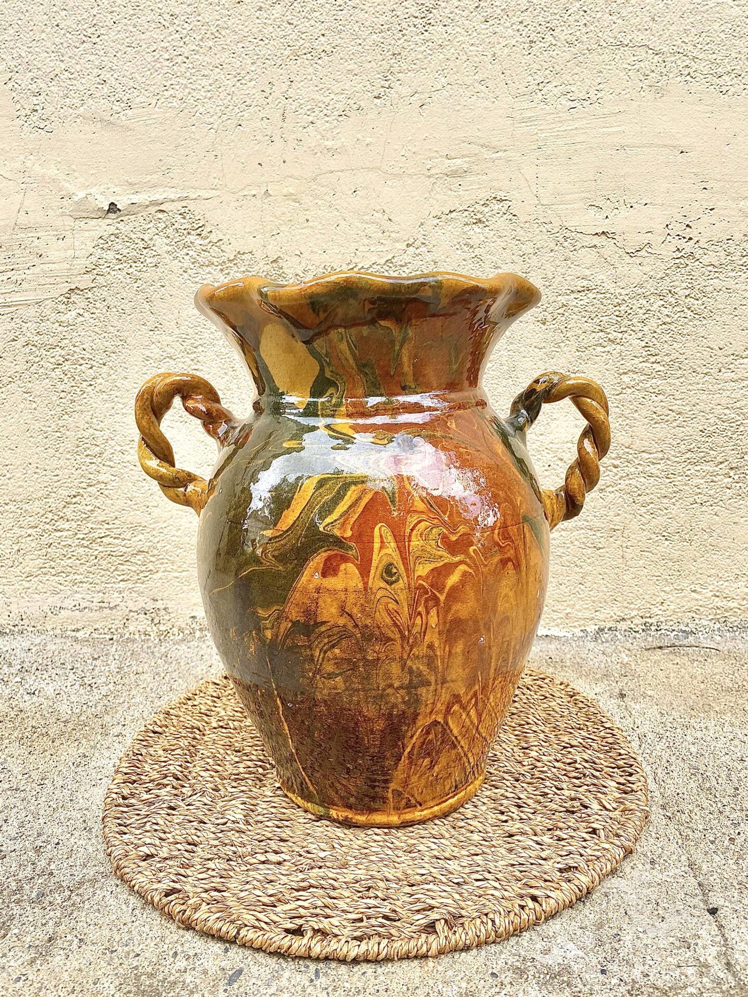 Ancient large vase in glazed speckled terracotta