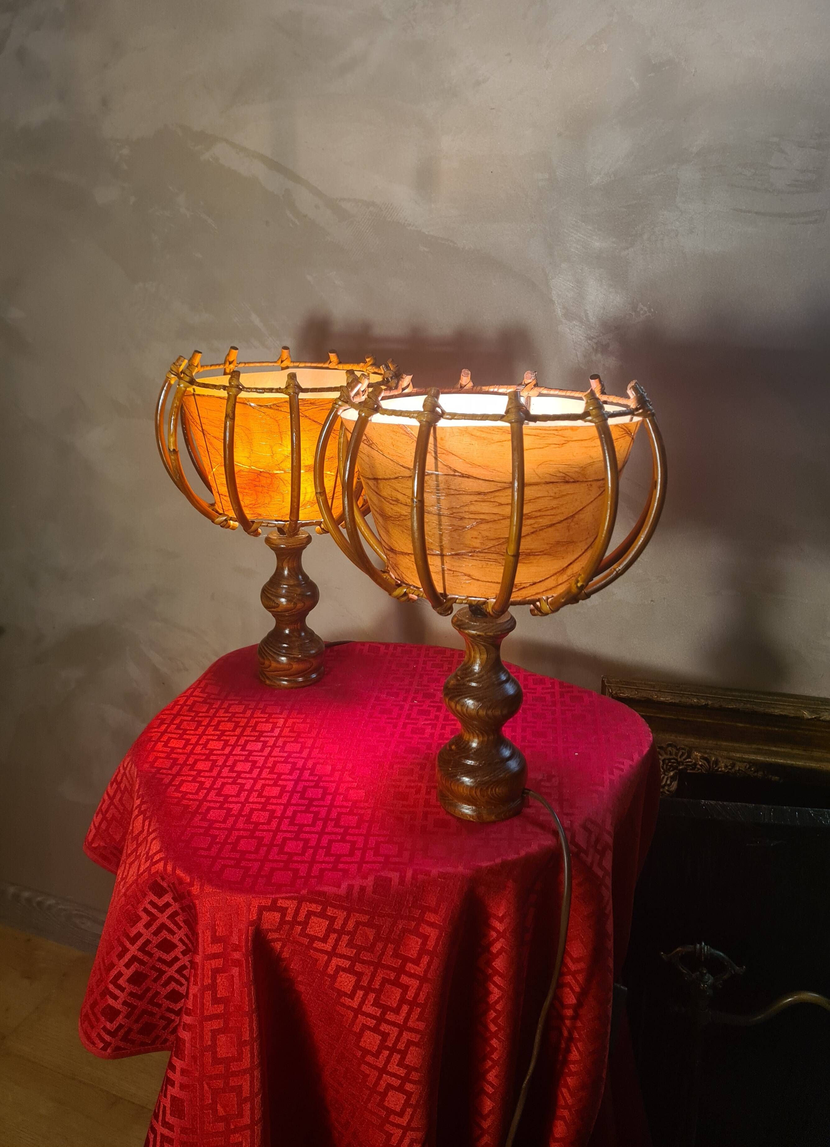 pair of vintage rattan table lamps by Louis Sognot 32x26 - 1950s-60s