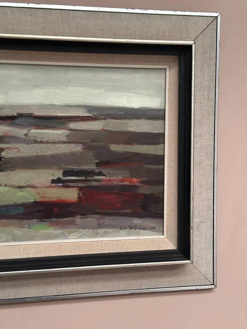 Original Swedish Oil on Panel – “Field Patches” by Evert Färhm (1901–1971) – Signed – 1968 – Vintage & Framed – 61 × 53 cm (24" × 20.9")