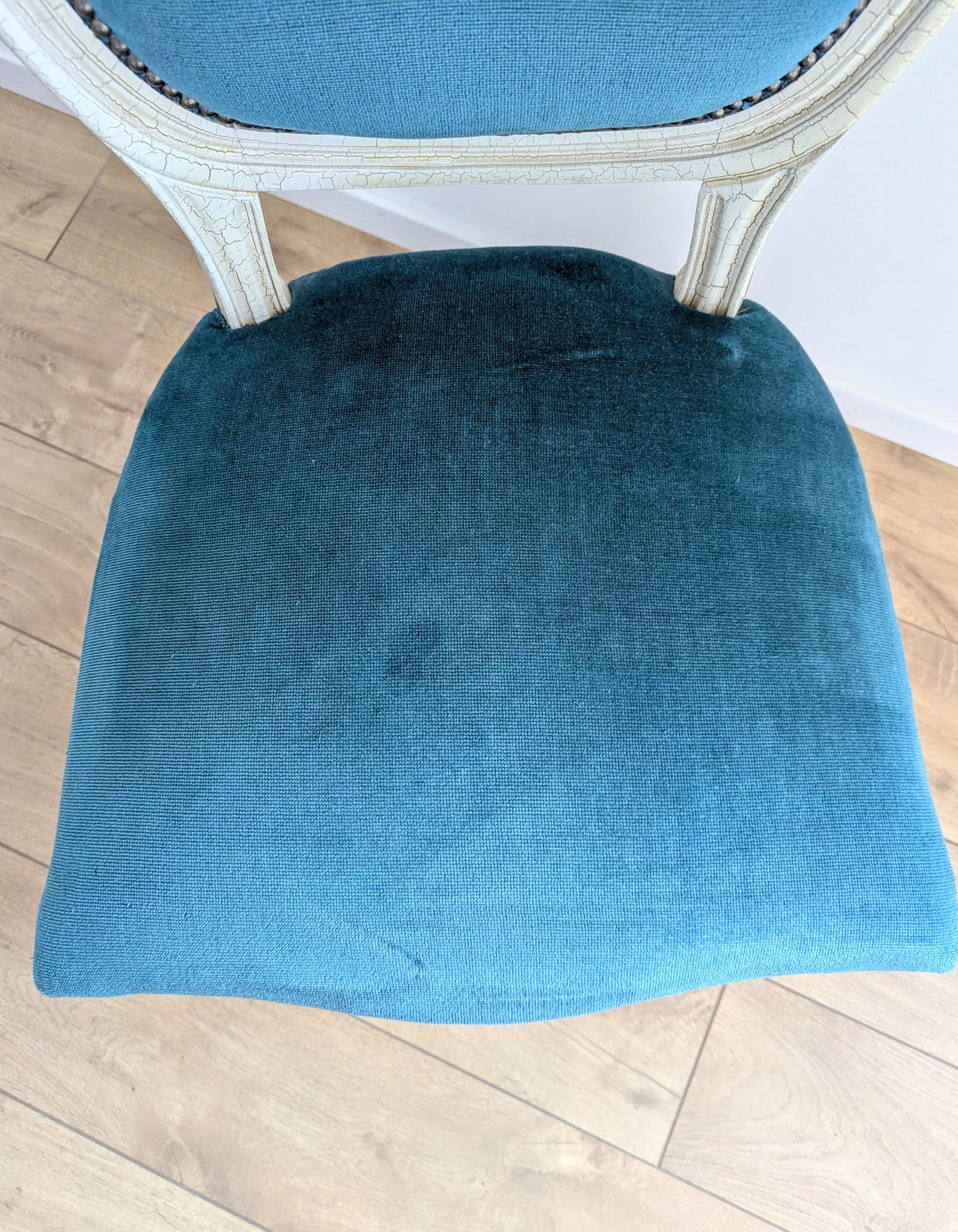 Vintage Louis XVI style chair in petrol blue velvet and patinated wood
