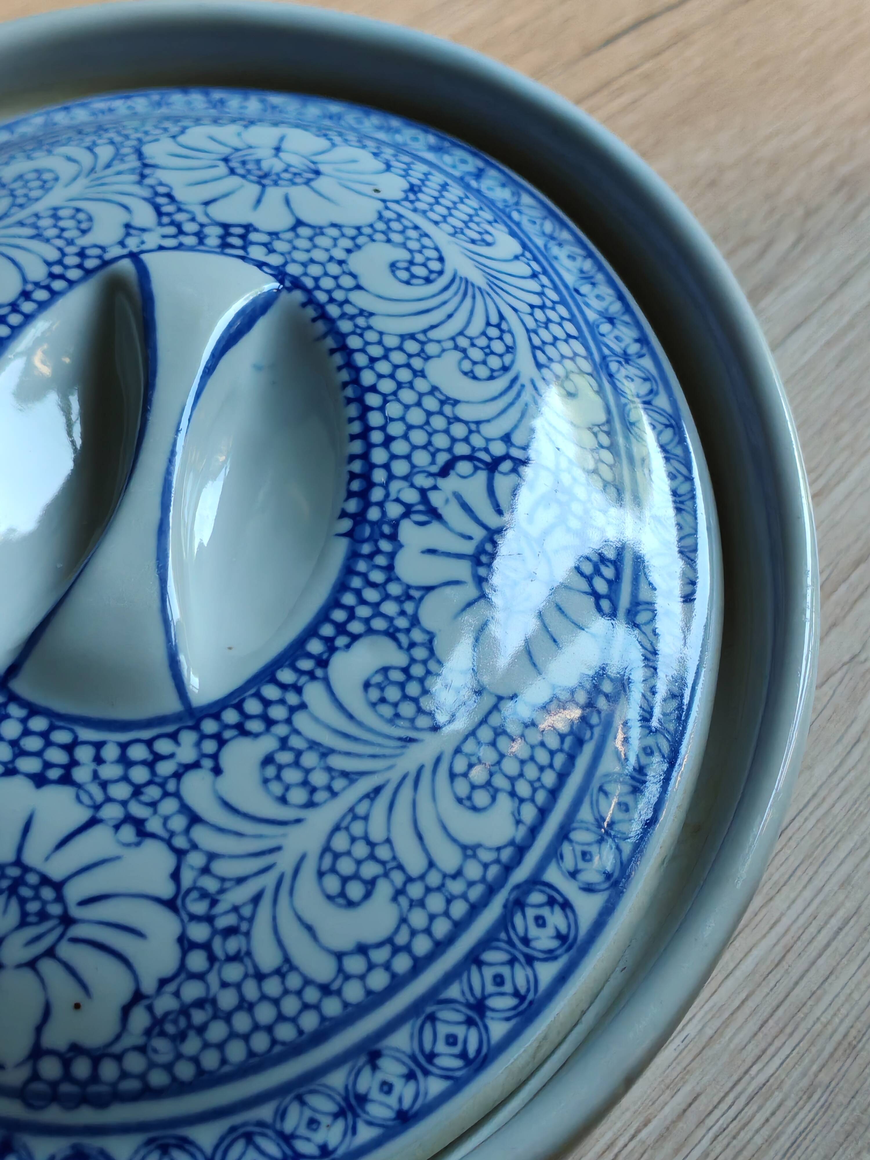 Oval Vintage Terrine in Blue and White Porcelain, Casserole with Lid