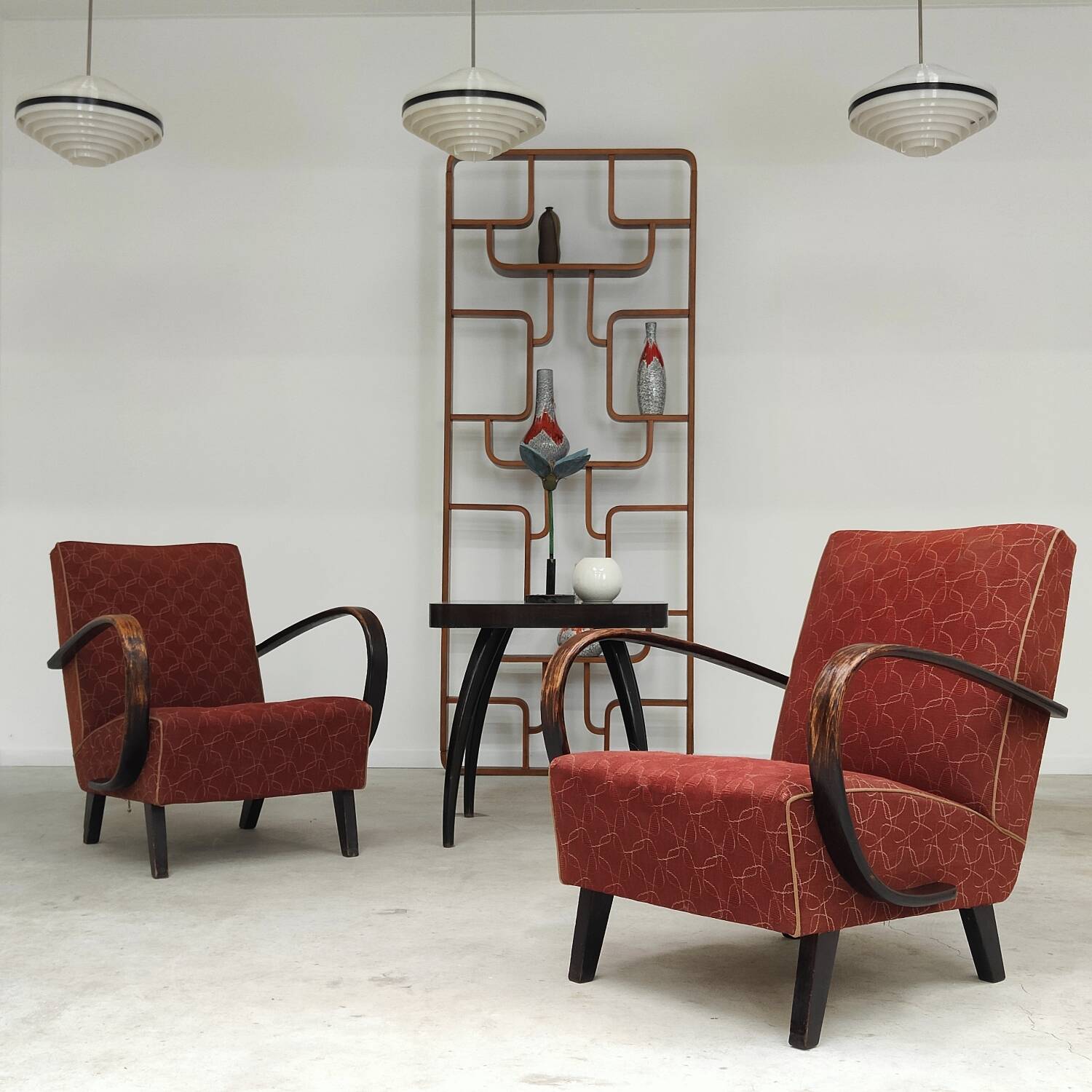 Pair of H410 Type C burgundy armchairs by Jindrich Halabala for Thonet