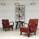 Pair of H410 Type C burgundy armchairs by Jindrich Halabala for Thonet