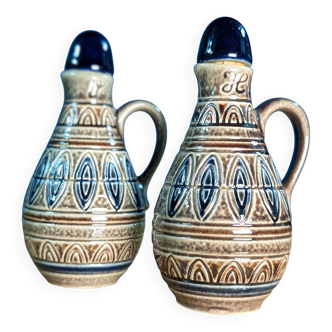 Two small pitchers jugs with traditional German patterns cork stoppers 12cm