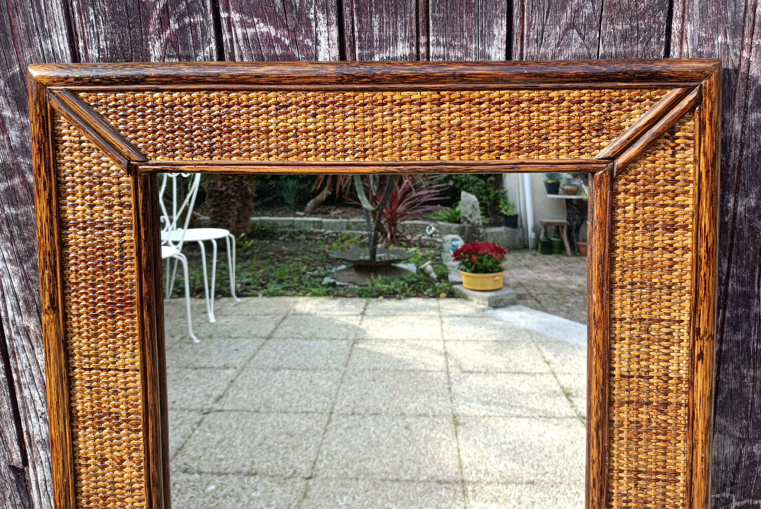 Mirror maugrion, bamboo and rattan, vintage, 80s