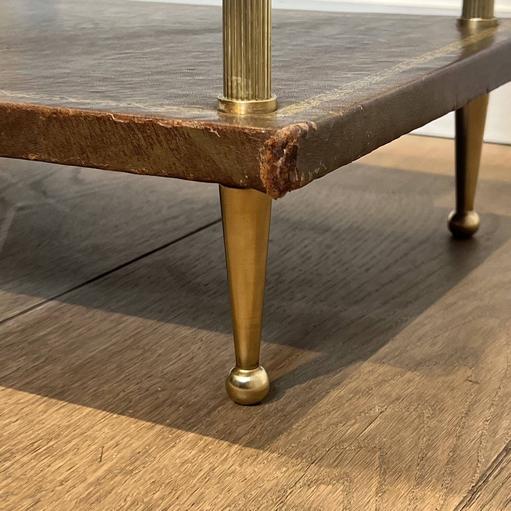 Double Tray Leather Sofa Table in Golden Tawny with Small Iron Details. Brass