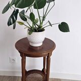 Antique marquetry side table in wood and cane.