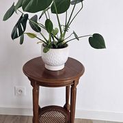 Antique marquetry side table in wood and cane.