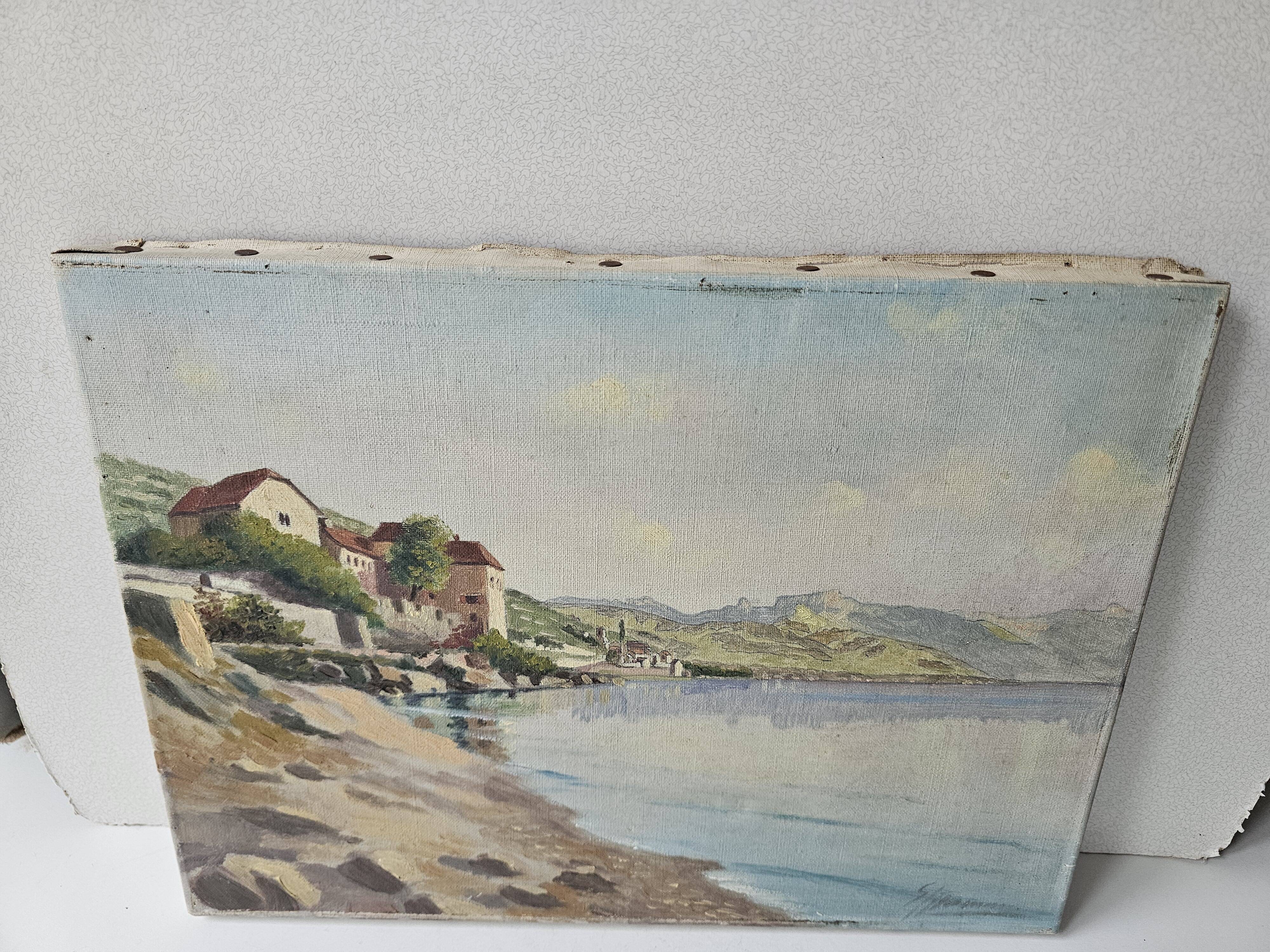 Old painting - Oil on canvas Lake Geneva Chateau de Glérolles (Switzerland)