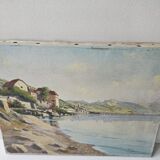 Old painting - Oil on canvas Lake Geneva Chateau de Glérolles (Switzerland)