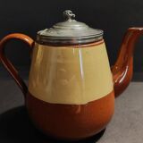 Beige and brown earthenware teapot with pewter lid, early 20th century