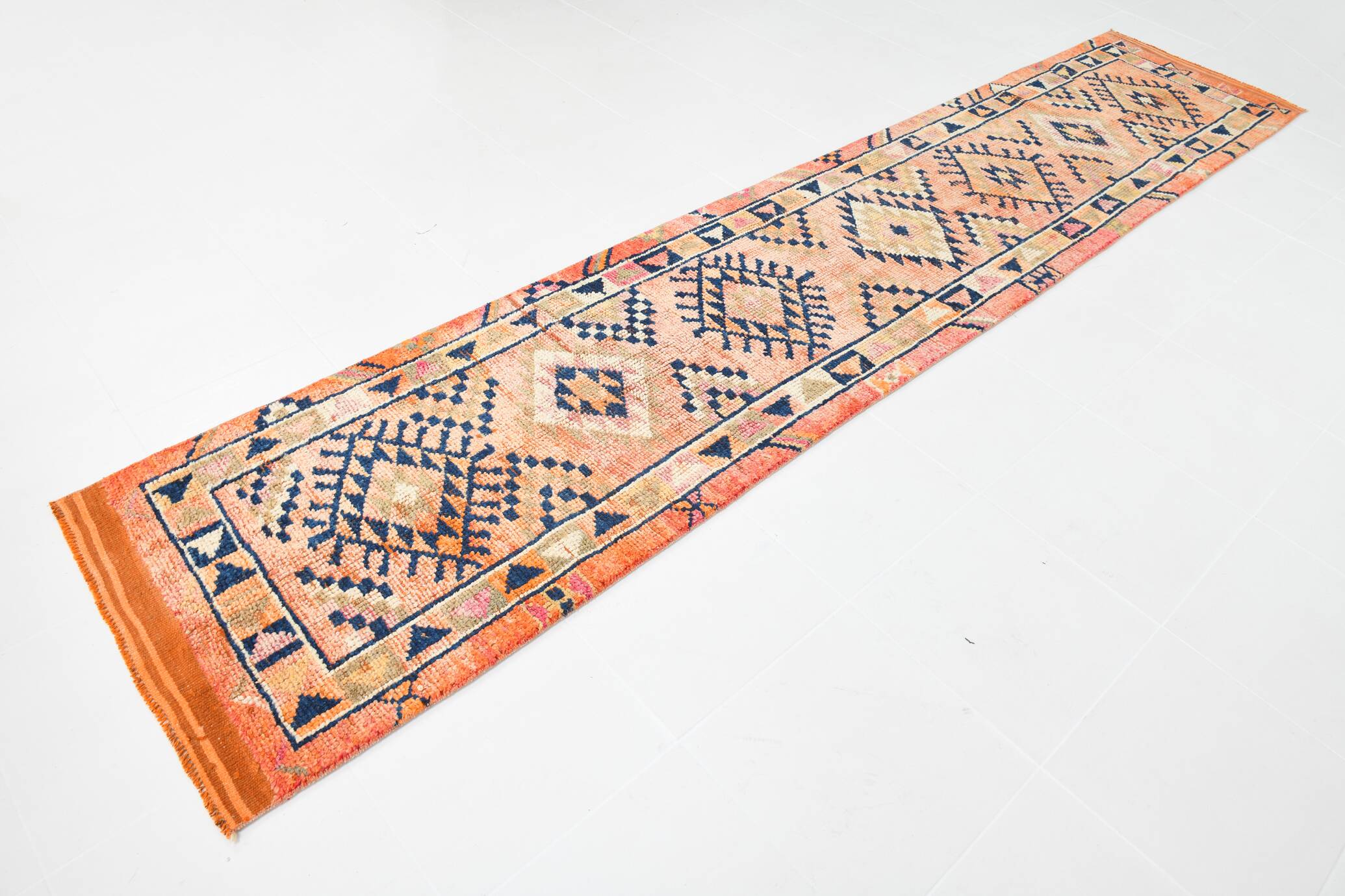 Navy Blue & Orange Vintage Runner Rug, 79x395Cm