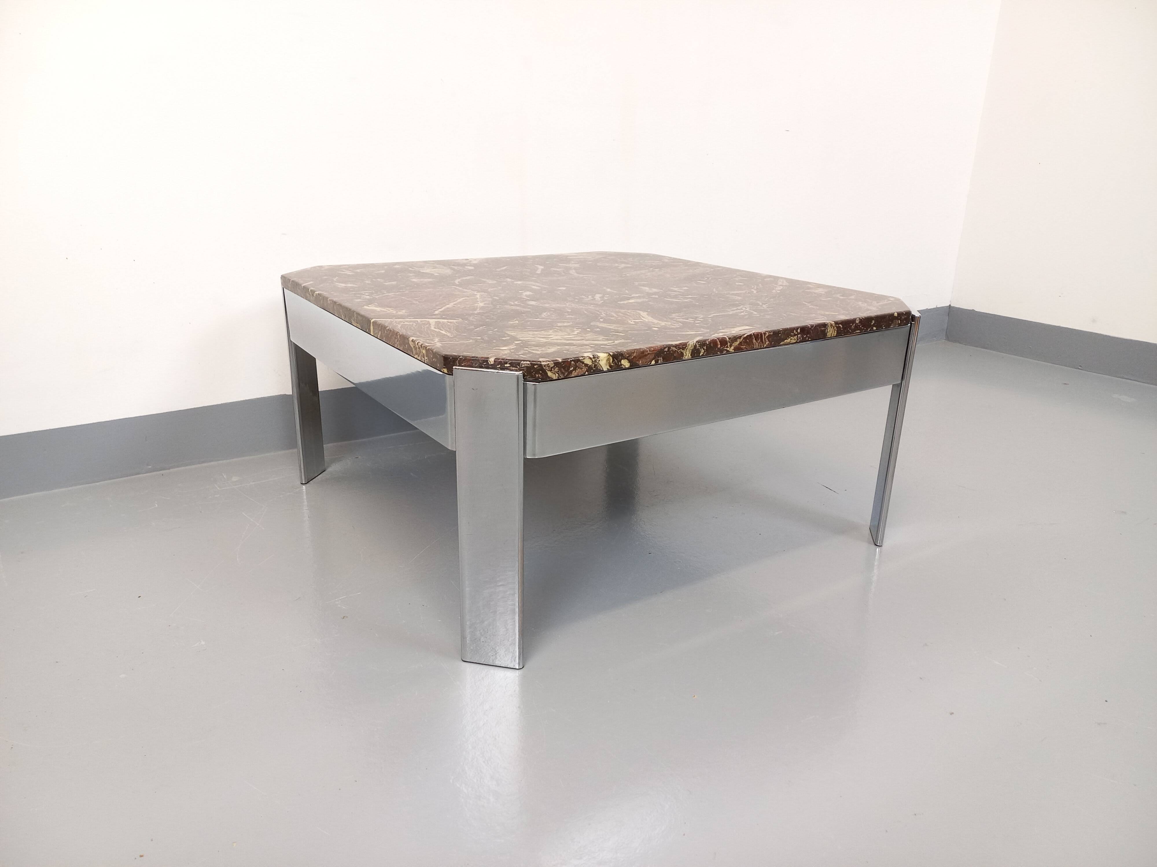 Vintage square coffee table in marble and chrome metal from the 70s