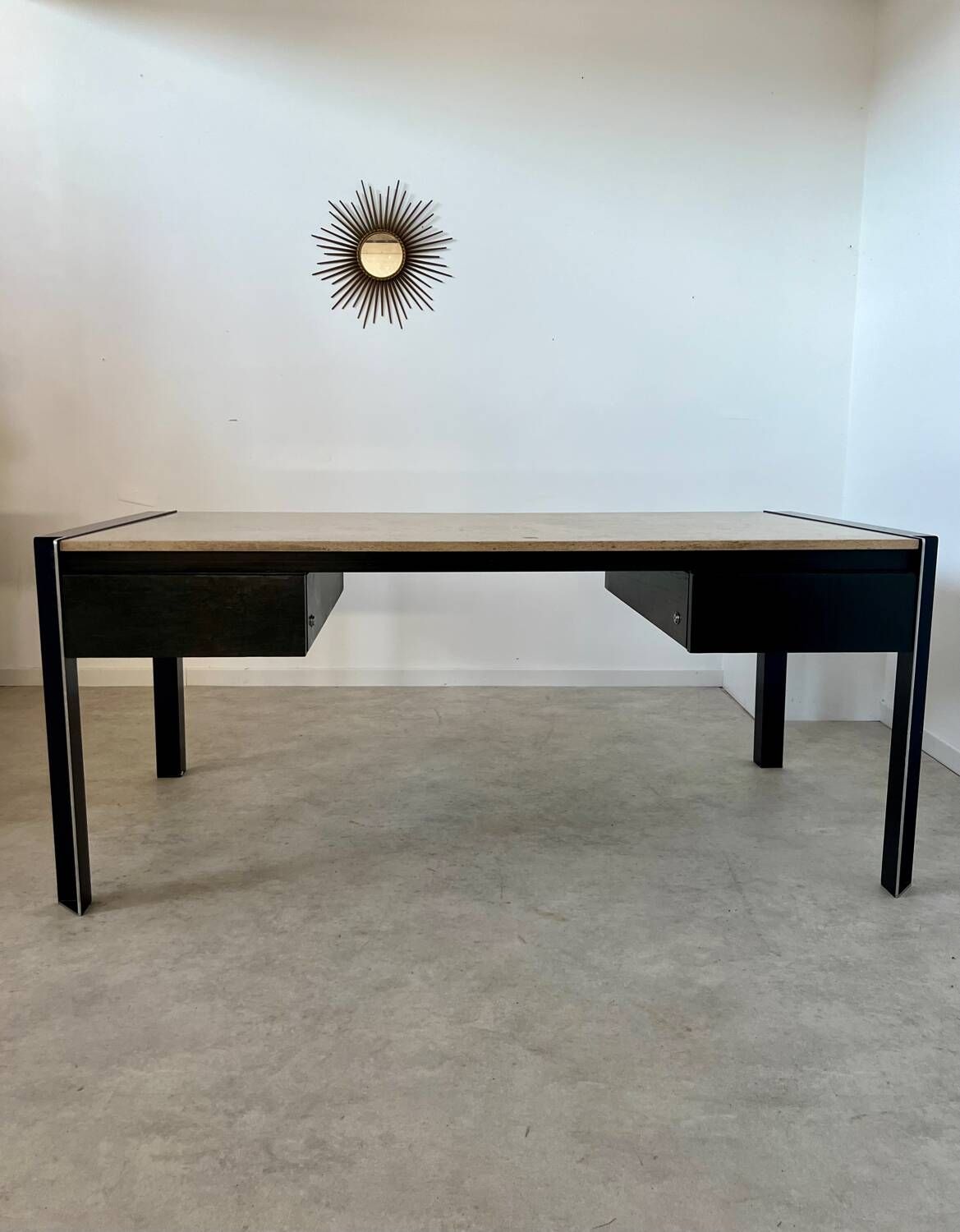 Italian design postmodern desk in metal and vintage 80s travertine top