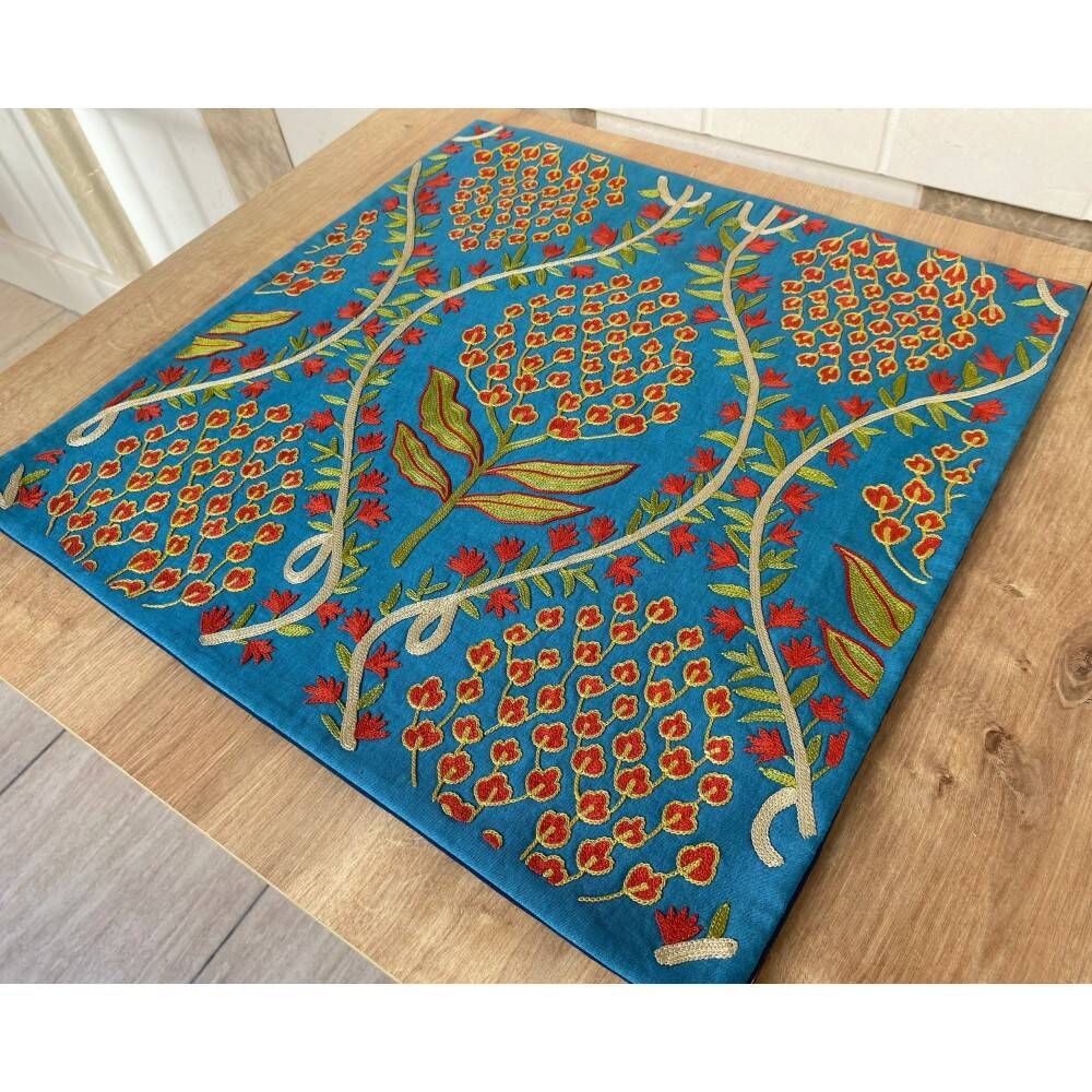Silk Embroidered Floral Cushion Cover. Blue Throw Pillow Case. Traditional Uzbek Accent Pillow.