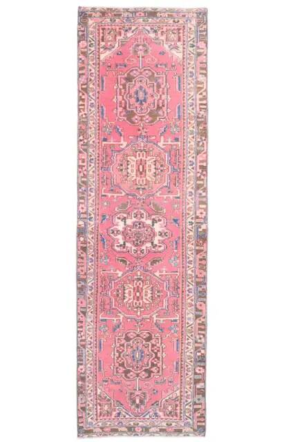 1970s Vintage Turkish Hand-Knotted Wool Cotton Pink Runner Rug 95x320