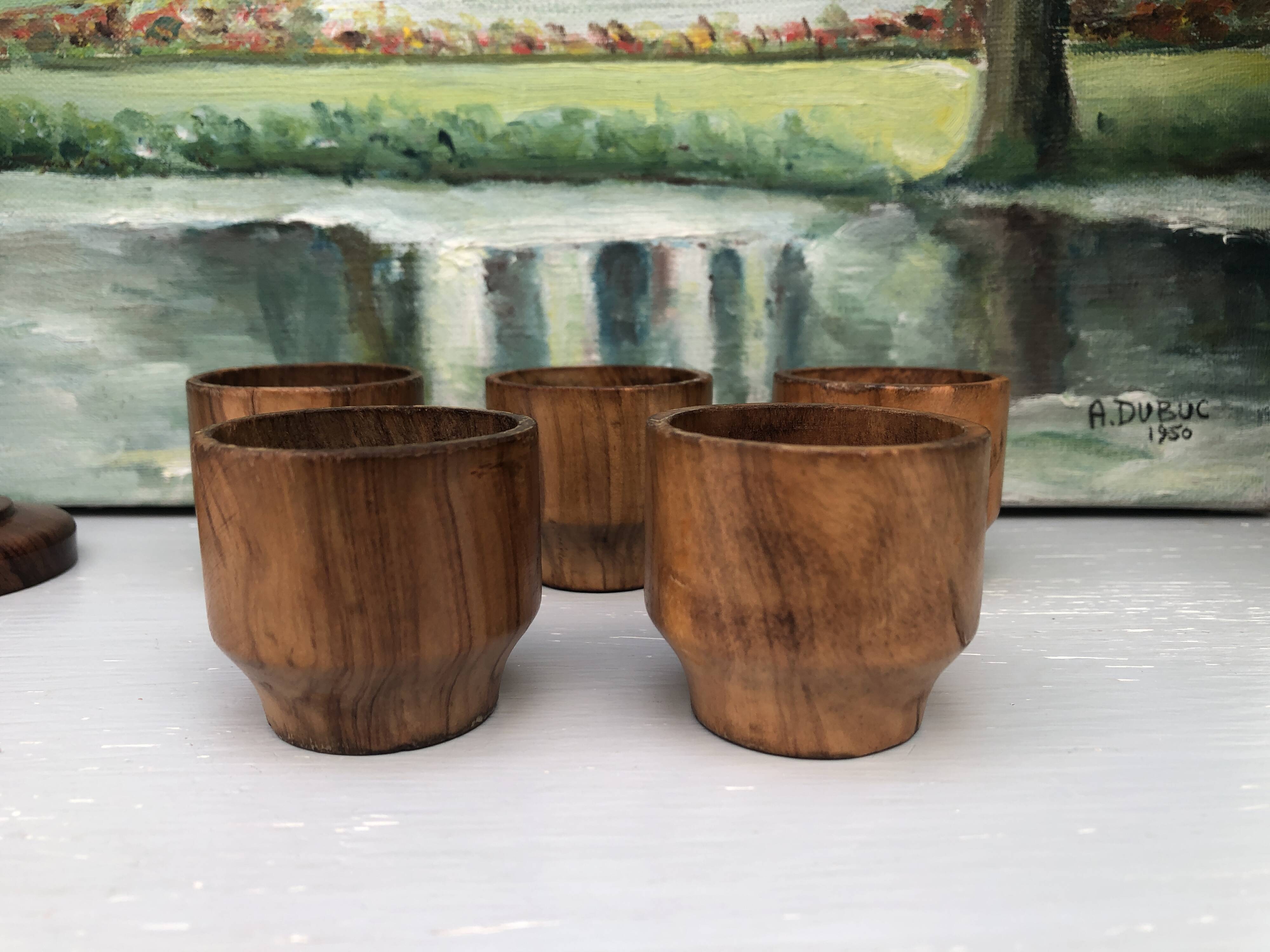 Five olive wood egg cups