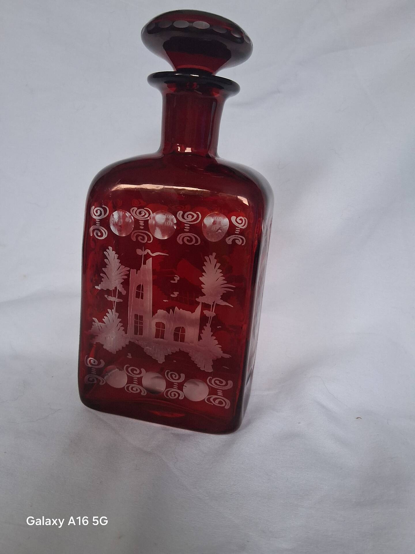 Antique Bohemian Crystal Carafe Egermann Ruby Red Engraved.