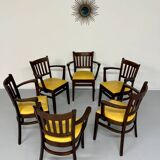 Lot de 6 chaises bistrot fauteuils en bois et simili jaune vintage année 80