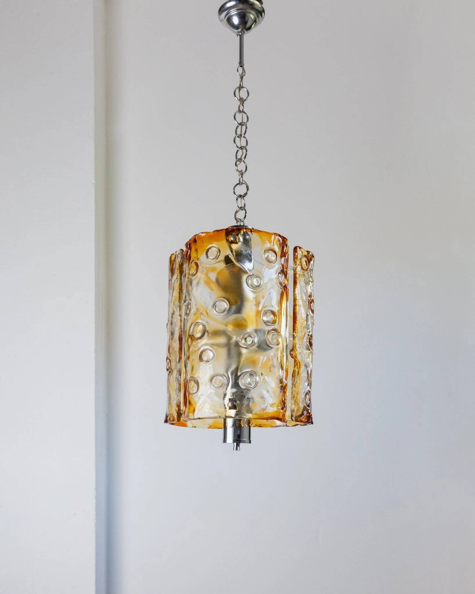 Large Vintage Murano Glass Ceiling Lamp by Toni Zuccheri for Mazzega, Clear & Amber Glass with Chrome, Italy 1970s