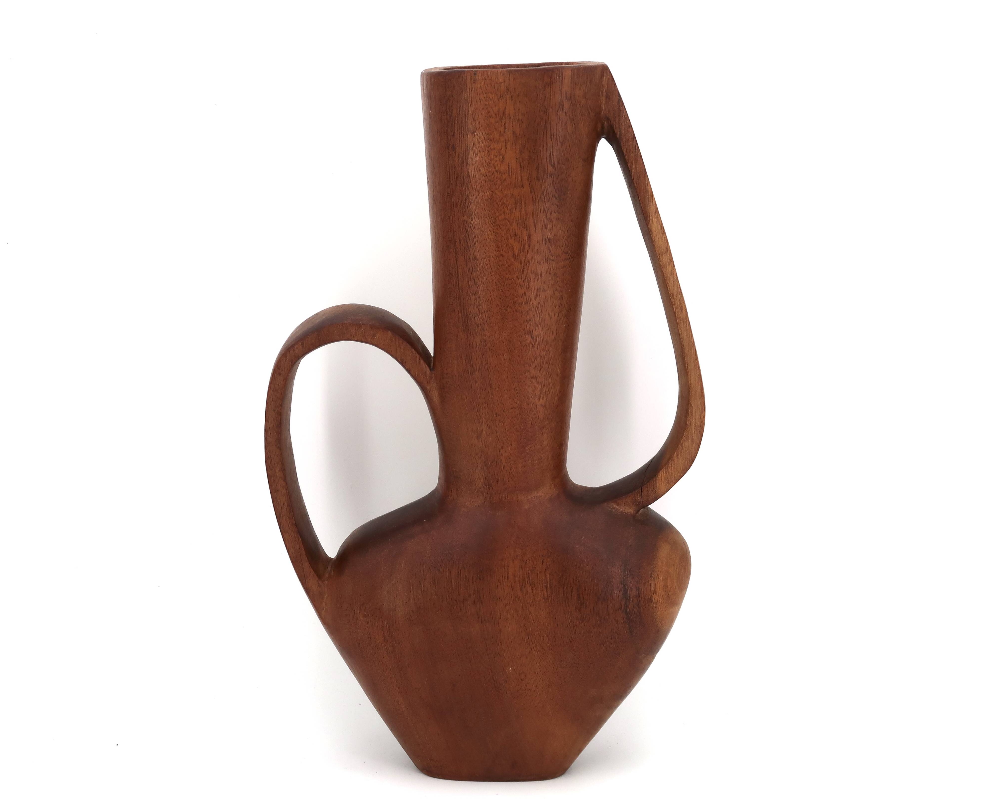 Grand vase jarre à anses sculptural en bois, années 50
