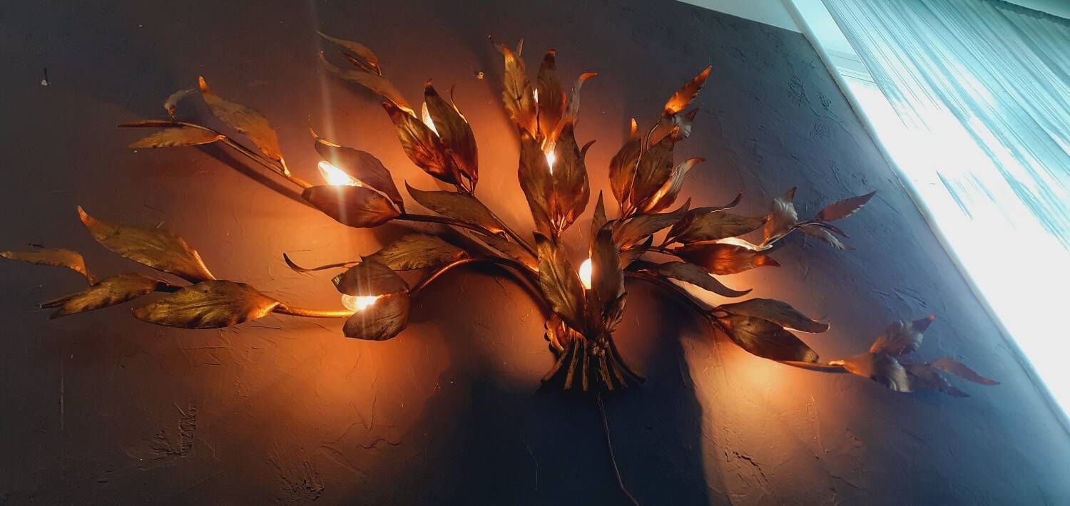 Monumental Vintage Wall Lamp with Golden Leaf Decor by Hans Kögl, 1960s